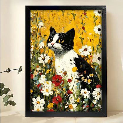 Black & White Cat in Wildflower Meadow – Vibrant Countryside Wall Art on Natural Wood Canvas | W804