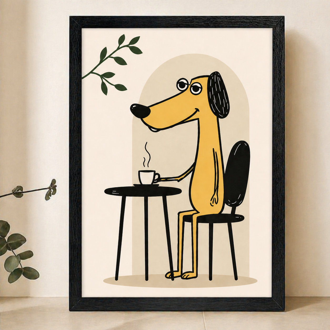 Coffee Break Dog Wall Art – Modern Minimalist Line Art Canvas Print on Natural Wood Frame | W2182