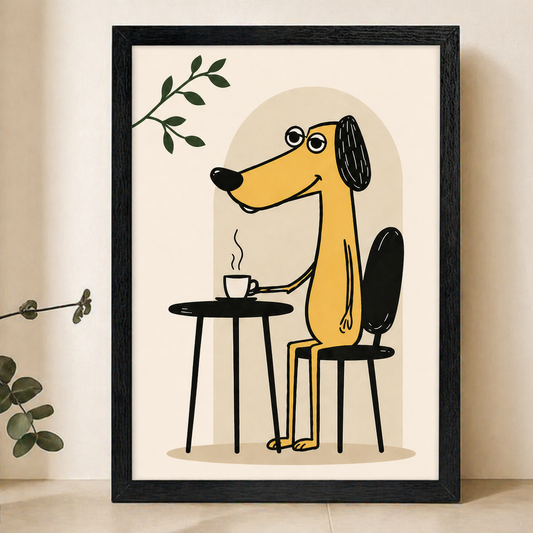 Coffee Break Dog Wall Art – Modern Minimalist Line Art Canvas Print on Natural Wood Frame | W2182