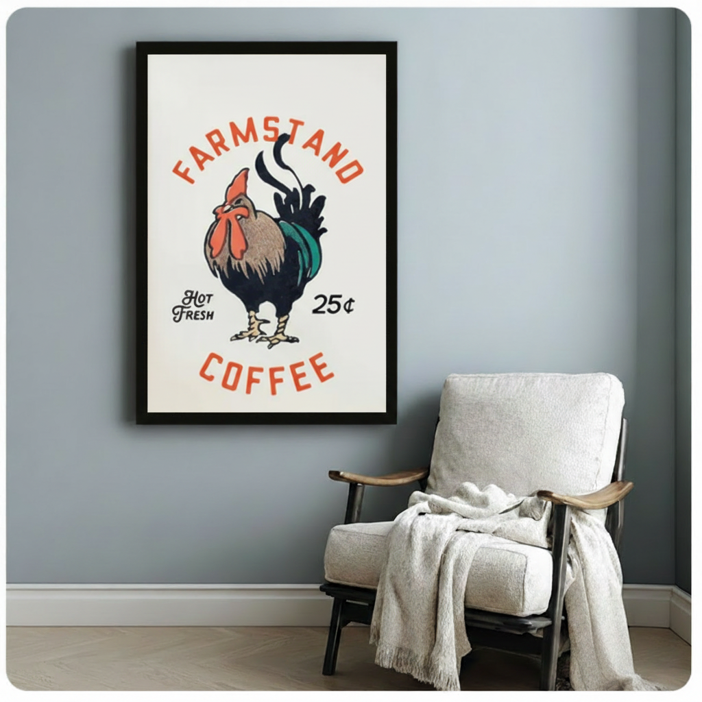 Vintage farmstand rooster framed canvas — bold red typography retro coffee poster wall art for American home