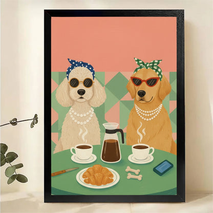 Glamorous Dogs Coffee Date Wall Art - Retro Pet Portrait Print|W1084