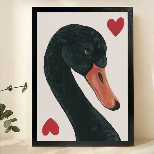 Black Swan with Red Hearts Wall Art - Elegant Romantic Canvas Print|W1431