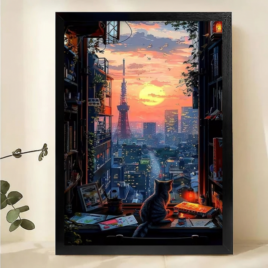 Tokyo Tower Sunset Cat Canvas Art - Japanese Cityscape Window View Print|W1153