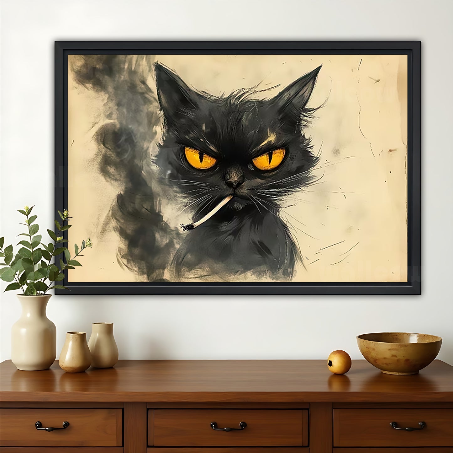 The Cigarette-Holding Cool Black Cat – Retro Edgy Wall Art on Natural Wood Canvas | W615