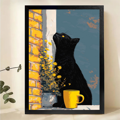 Black Cat by Yellow Brick Wall with Coffee Wall Art - Canvas Print|W1362