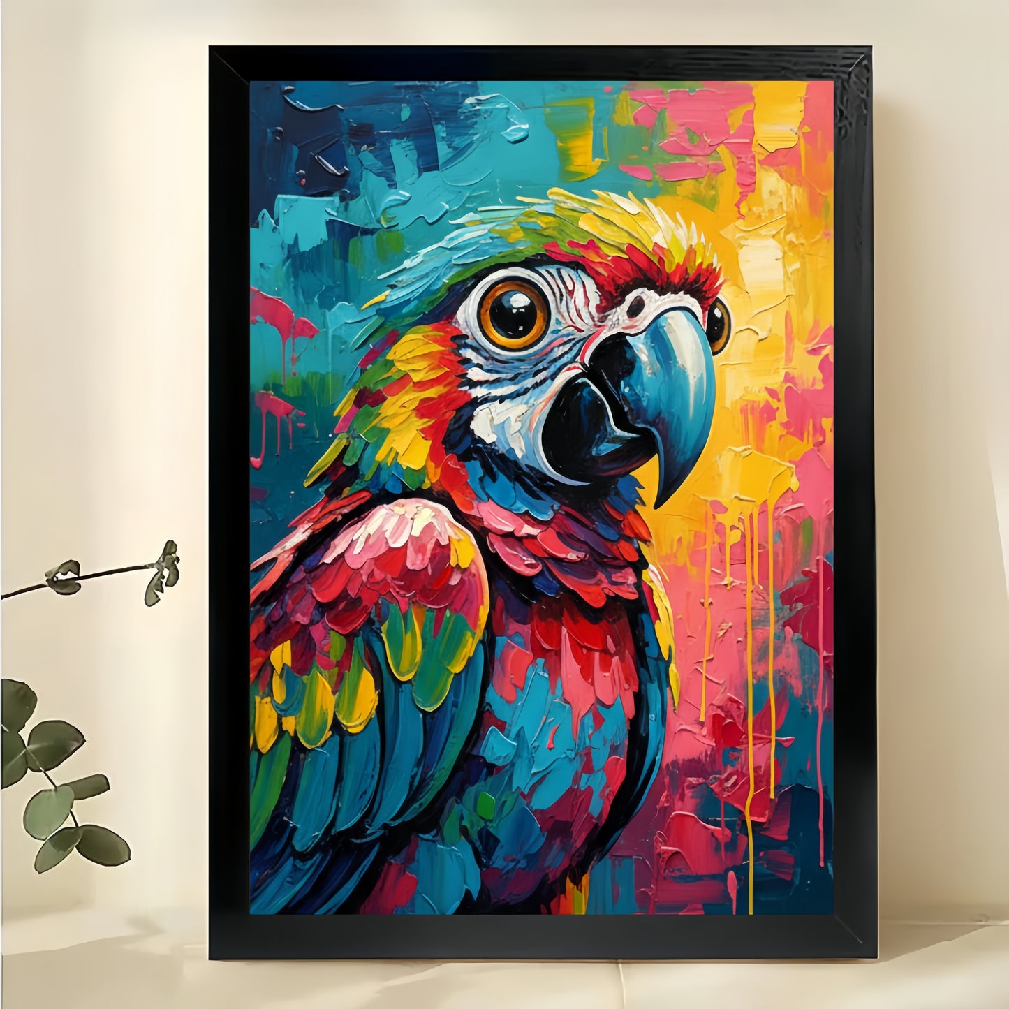 The Vibrant Graffiti Parrot – Tropical Playful Wall Art on Natural Wood Canvas | W650