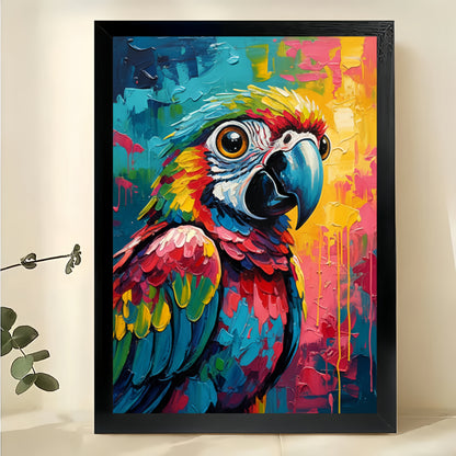 The Vibrant Graffiti Parrot – Tropical Playful Wall Art on Natural Wood Canvas | W650