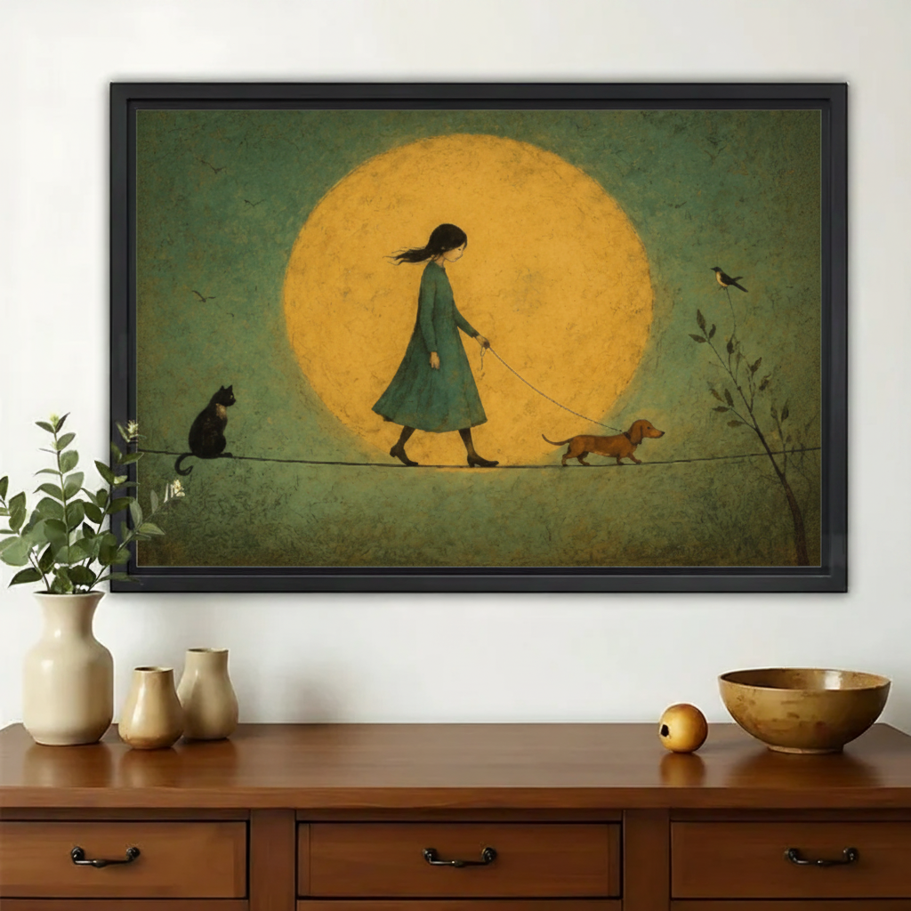 Girl Walking Dog Under the Moon Wall Art – Dreamy Vintage Canvas Print on Natural Wood Frame | W2256