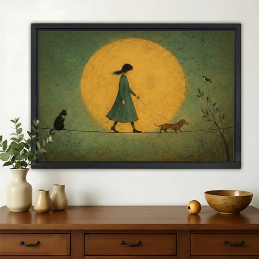 Girl Walking Dog Under the Moon Wall Art – Dreamy Vintage Canvas Print on Natural Wood Frame | W2256