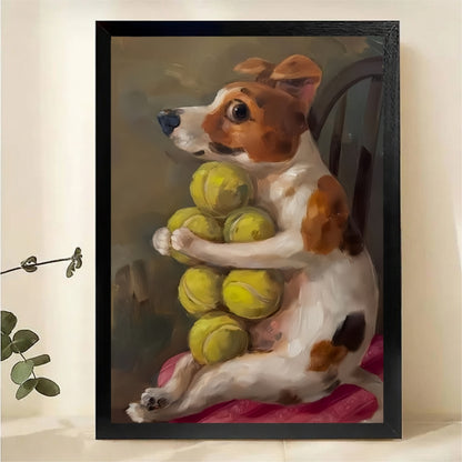 Dog with Tennis Balls Wall Art - Playful Terrier Print|W1282