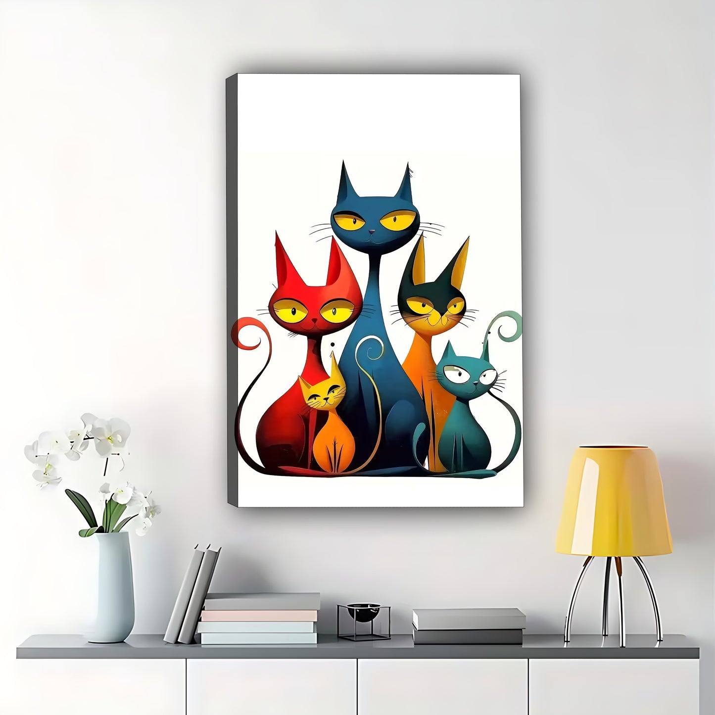 The Four Whimsical Cats – Playful Modern Feline Wall Art on Natural Wood Grain Canvas | W503