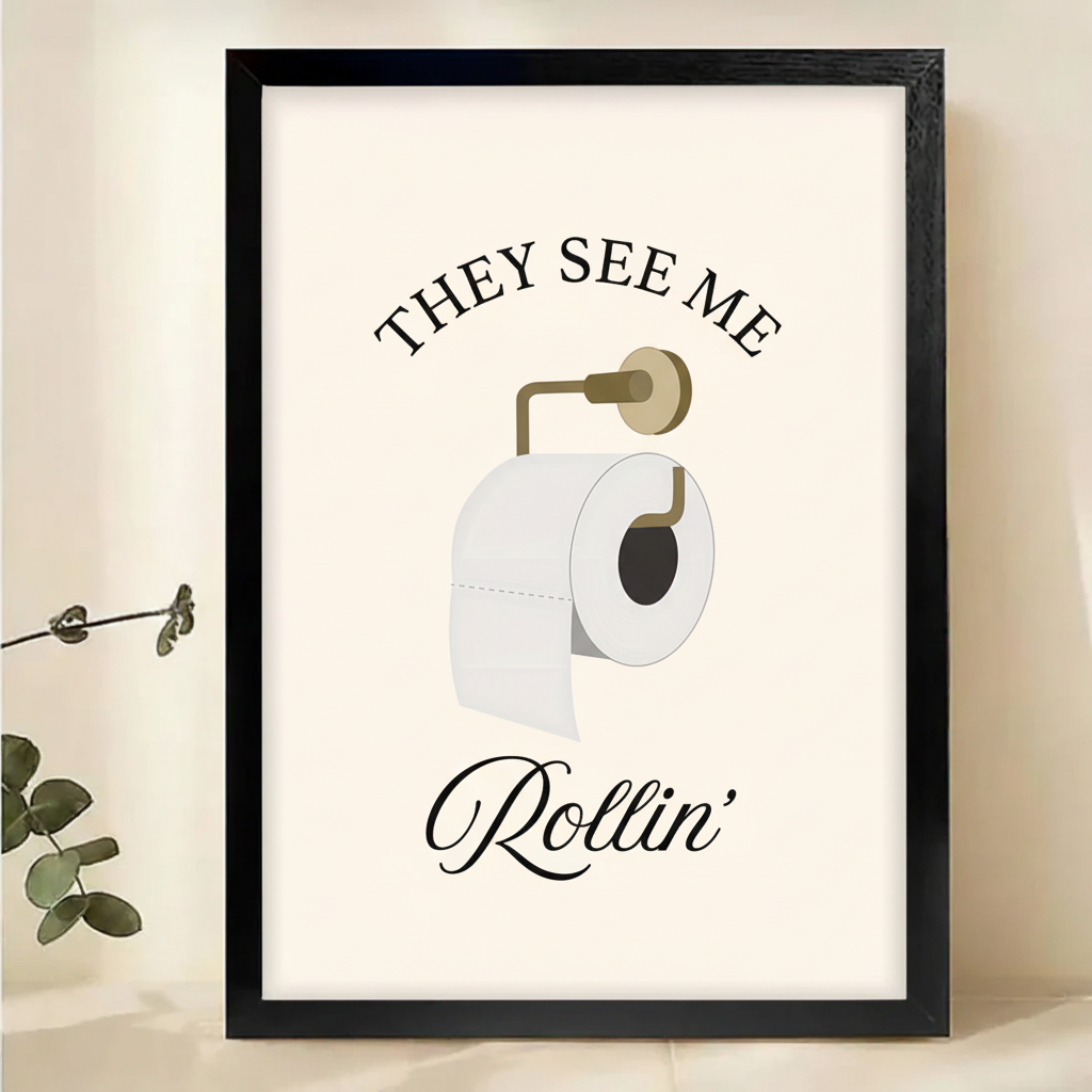 They See Me Rollin' Toilet Paper Wall Art – Funny Bathroom Quote Canvas Print on Natural Wood Frame | W2133