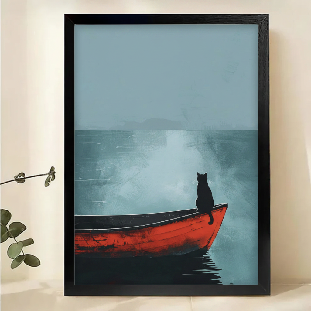 Black Cat on a Red Boat in the Mist Wall Art – Cinematic Minimalist Oil Painting Canvas Print on Natural Wood Frame | W2235