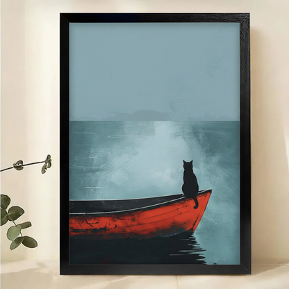 Black Cat on a Red Boat in the Mist Wall Art – Cinematic Minimalist Oil Painting Canvas Print on Natural Wood Frame | W2235