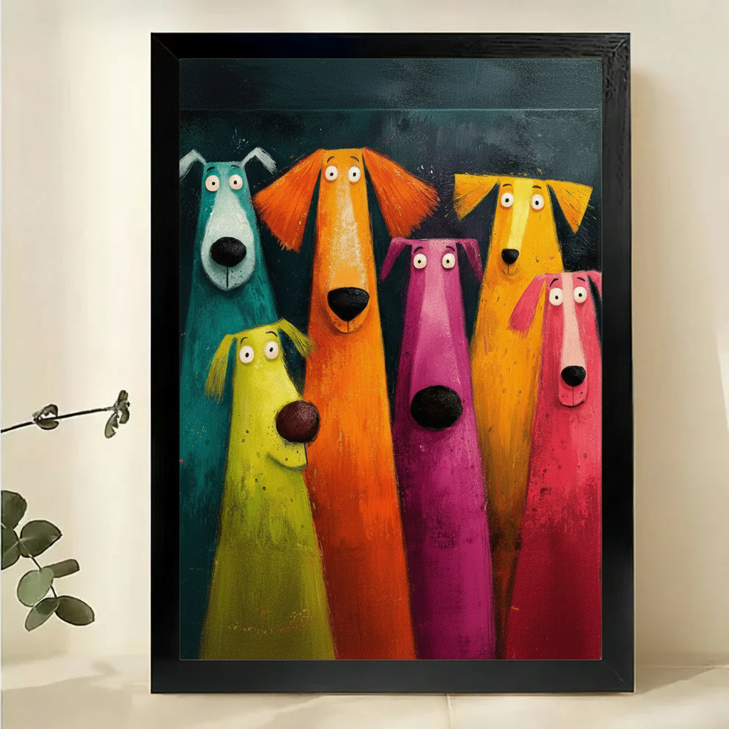 Colourful Cartoon Dogs Wall Art – Whimsical Pop Art Animal Canvas Print on Natural Wood Frame | W2322