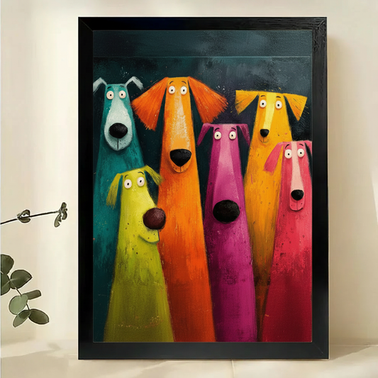 Colourful Cartoon Dogs Wall Art – Whimsical Pop Art Animal Canvas Print on Natural Wood Frame | W2322