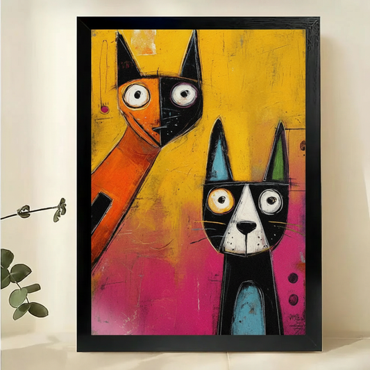 Abstract Two Cats Wall Art – Bold Pop Art Canvas Print on Natural Wood Frame | W2296