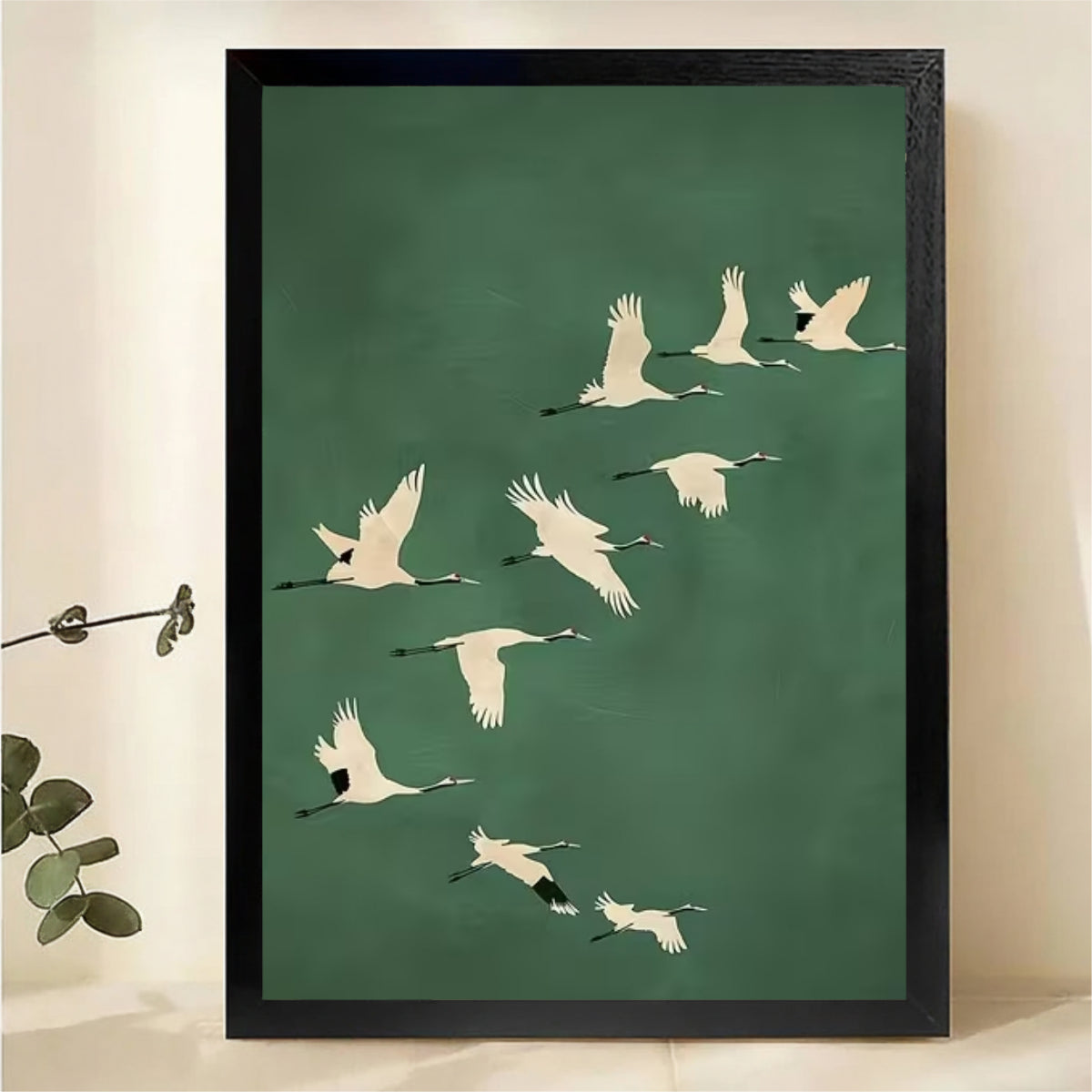 Flying Cranes Wall Art - Minimalist Green Bird Silhouette Print|W1238