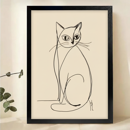 Elegant Cat Line Art Wall Art – Minimalist One-Line Cat Canvas Print on Natural Wood Frame | W2110