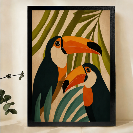 Tropical Toucans Wall Art – Bold Botanical Canvas Print on Natural Wood Frame | W2249