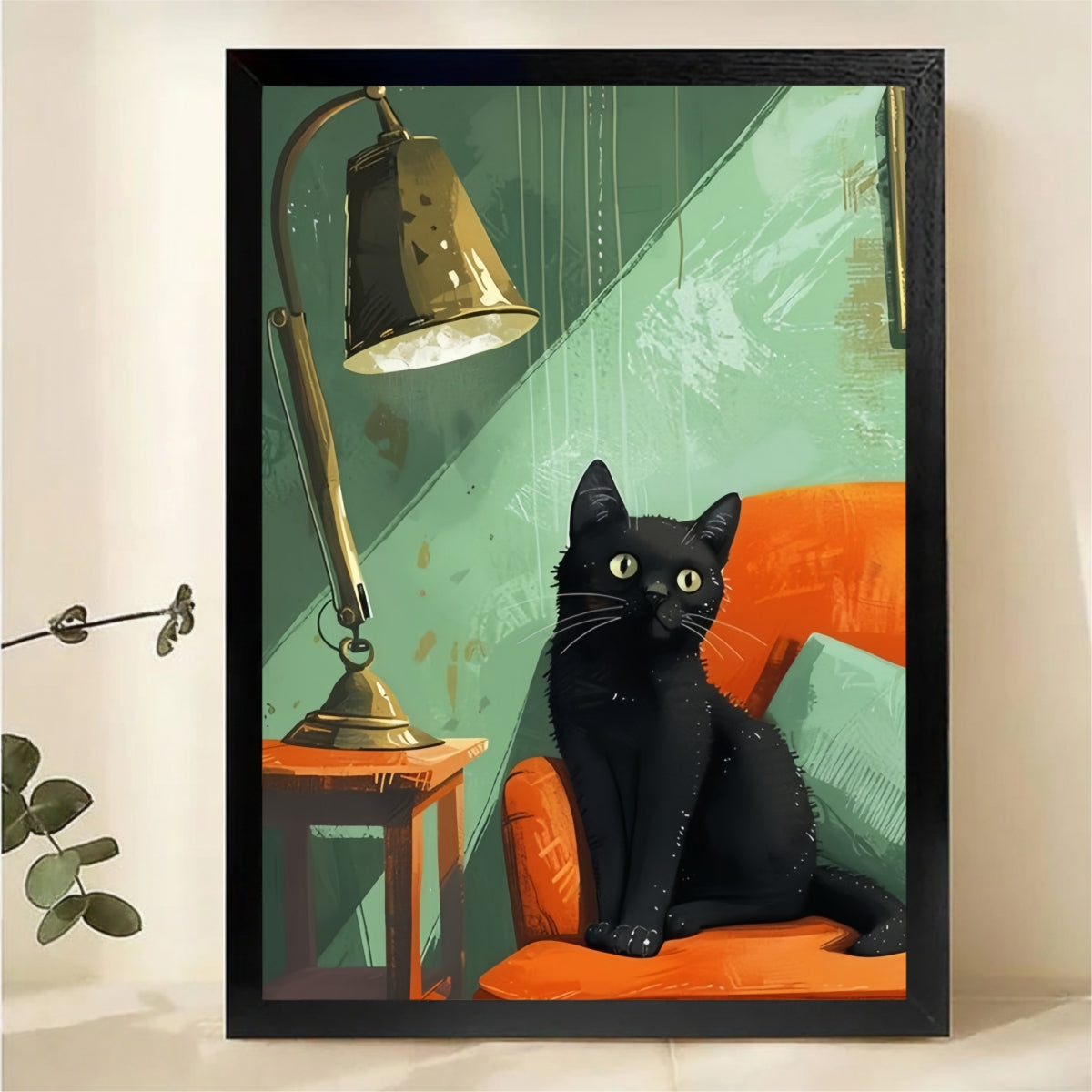 Black Cat on Orange Sofa Wall Art - Retro Illustrated Canvas Print|W1356