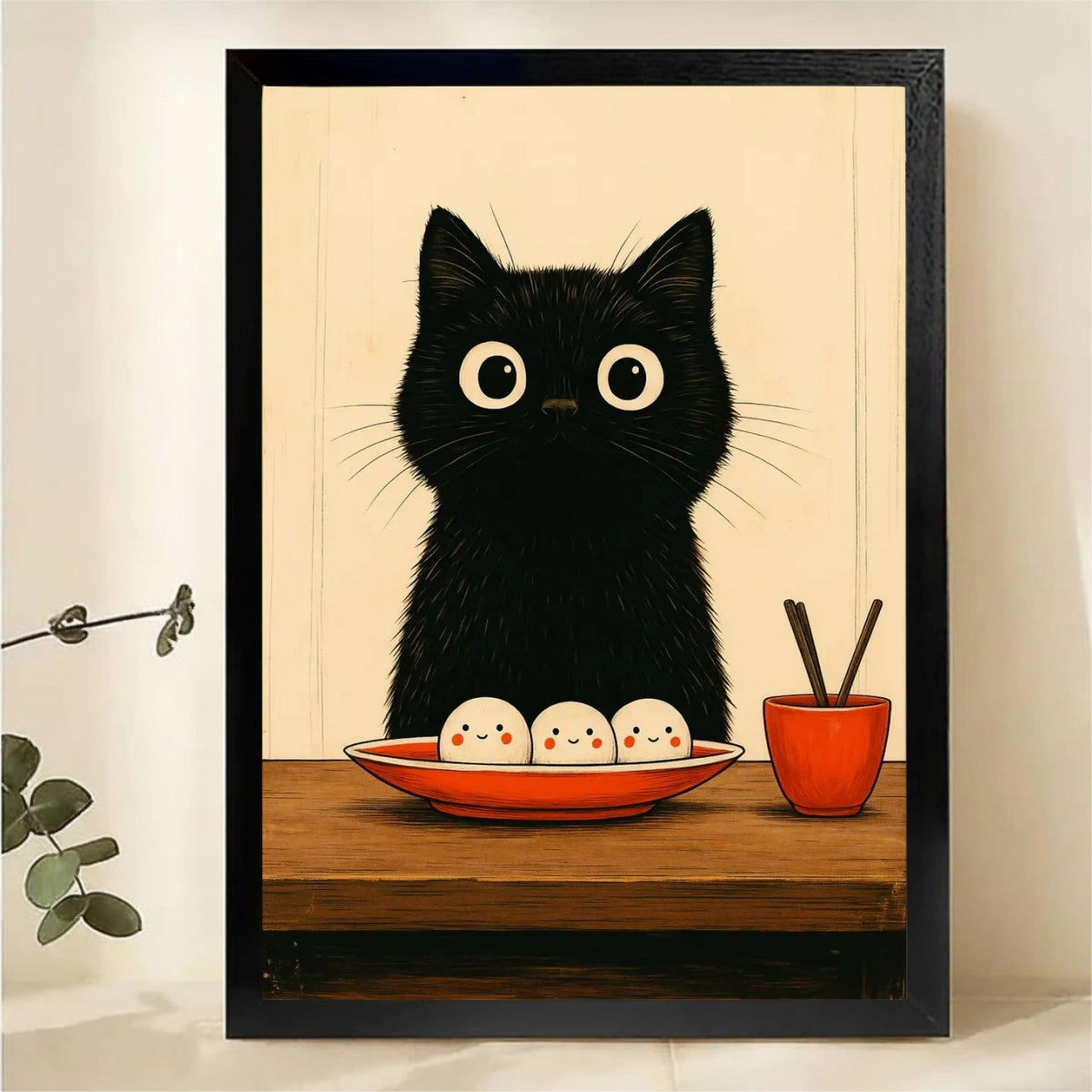 Black Cat with Smiling Dumplings Wall Art - Japanese Woodblock Style Canvas Print|W1385
