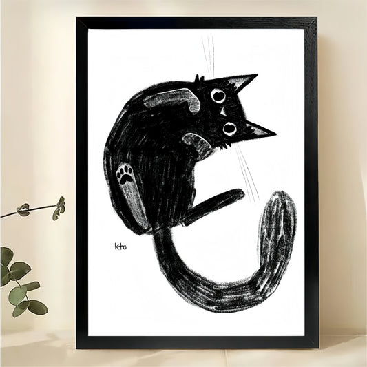 Quirky Black Cat Curled Up Wall Art - Charcoal Sketch Canvas Print|W1377