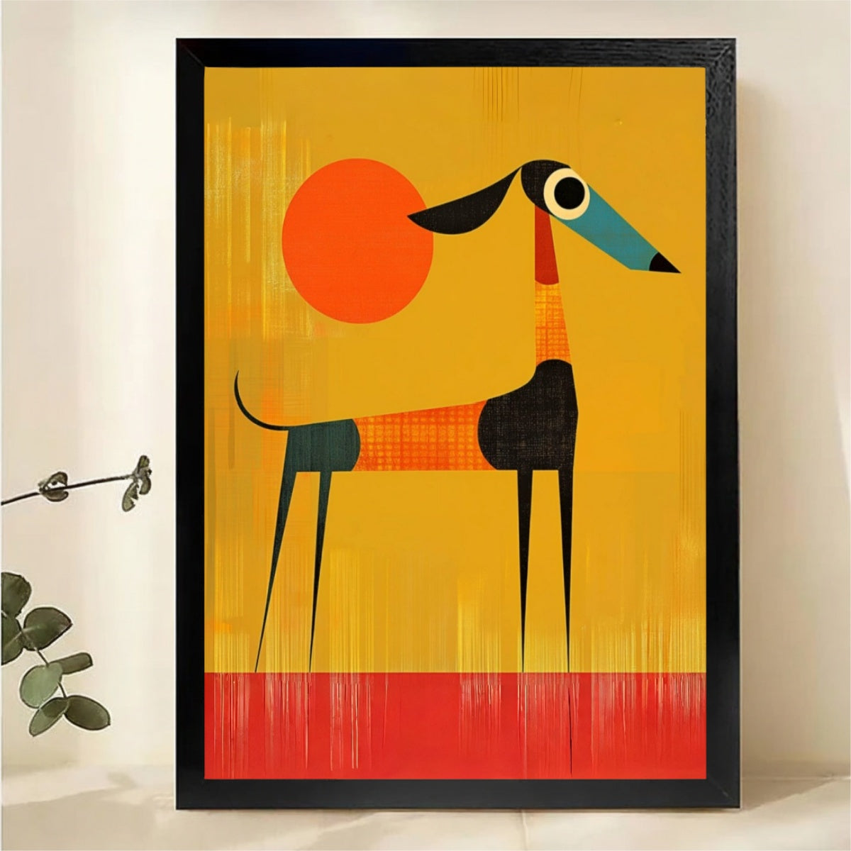 Abstract Geometric Greyhound with Orange Sun Wall Art - Mid-Century Modern Canvas Print|W1407