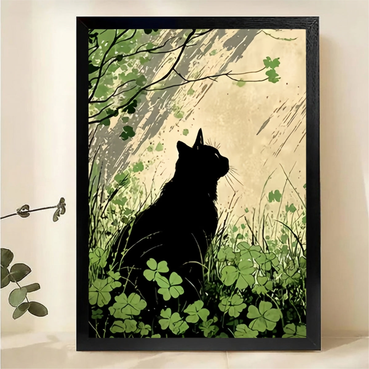 Black Cat Silhouette Among Clovers Wall Art - Japanese Woodblock Style Canvas Print|W1394
