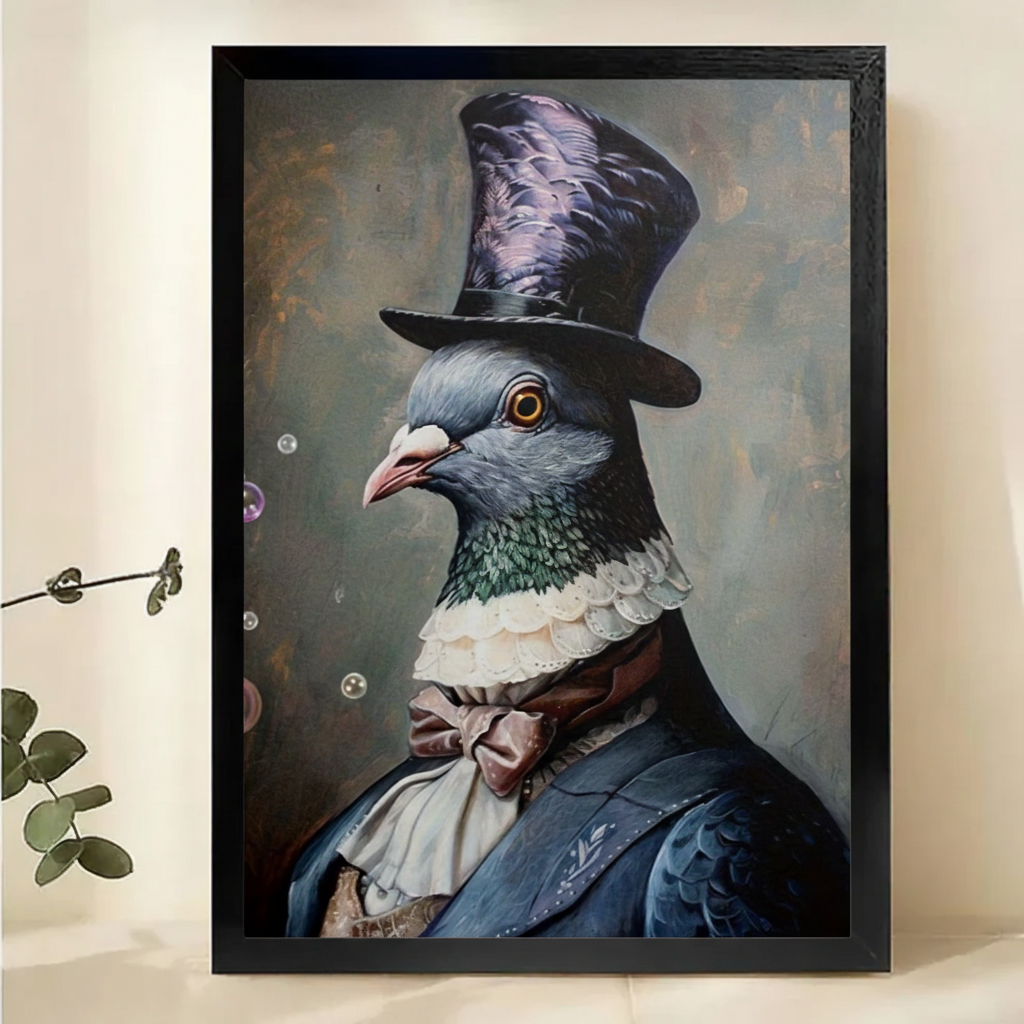 Gentleman Pigeon in Top Hat Wall Art – Dark Academia Animal Portrait Canvas Print on Natural Wood Frame | W2139