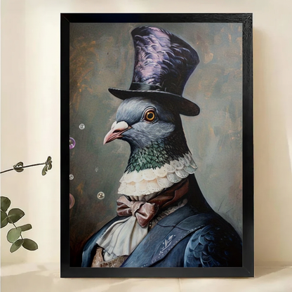 Gentleman Pigeon in Top Hat Wall Art – Dark Academia Animal Portrait Canvas Print on Natural Wood Frame | W2139