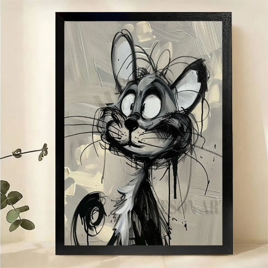 Graffiti Style Crazy Cat Wall Art - Black and White Expressive Canvas Print|W1417