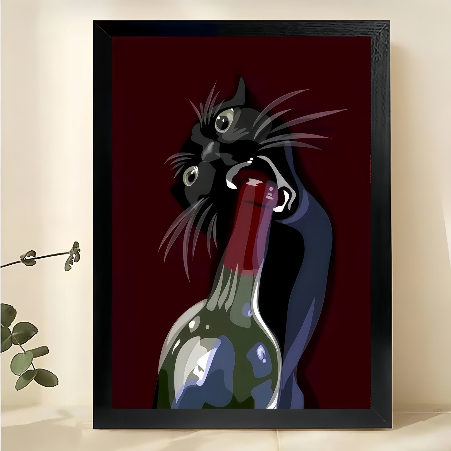 The Wine-Bottle-Opening Black Cat – Retro Luxe Wall Art on Natural Wood Canvas | W609