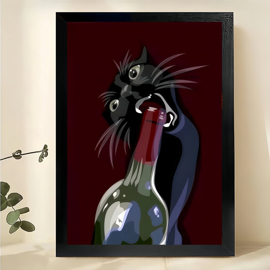 The Wine-Bottle-Opening Black Cat – Retro Luxe Wall Art on Natural Wood Canvas | W609
