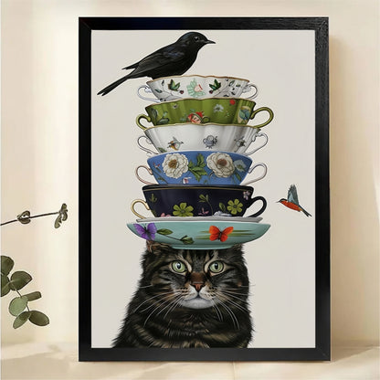 Cat Balancing Teacups Wall Art - Whimsical Kitchen Canvas Print|W1337