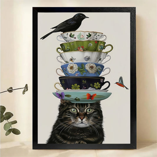 Cat Balancing Teacups Wall Art - Whimsical Kitchen Canvas Print|W1337