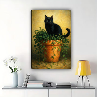The Black Cat On Potted Plant – Vintage Rustic Wall Art on Natural Wood Canvas | W583