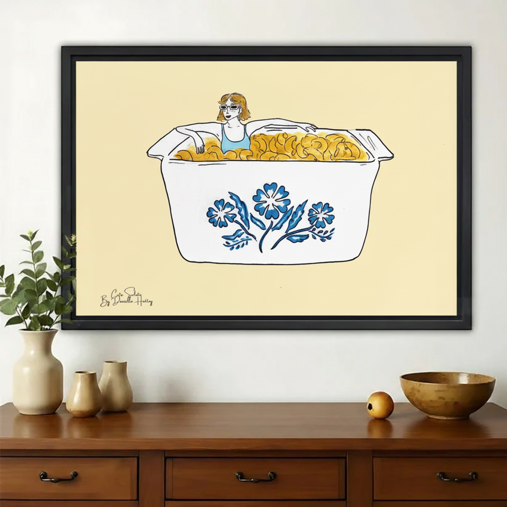 Girl Bathing in Mac & Cheese Wall Art – Funny Surrealist Illustration Canvas Print on Natural Wood Frame | W2194