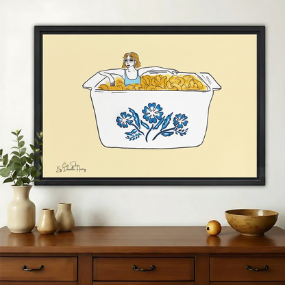 Girl Bathing in Mac & Cheese Wall Art – Funny Surrealist Illustration Canvas Print on Natural Wood Frame | W2194