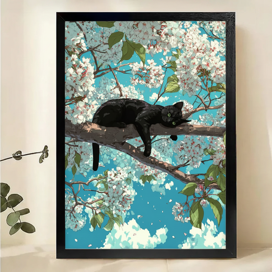 Black Cat Lounging in Cherry Blossom Tree Wall Art – Dreamy Anime-Style Canvas Print on Natural Wood Frame | W2150