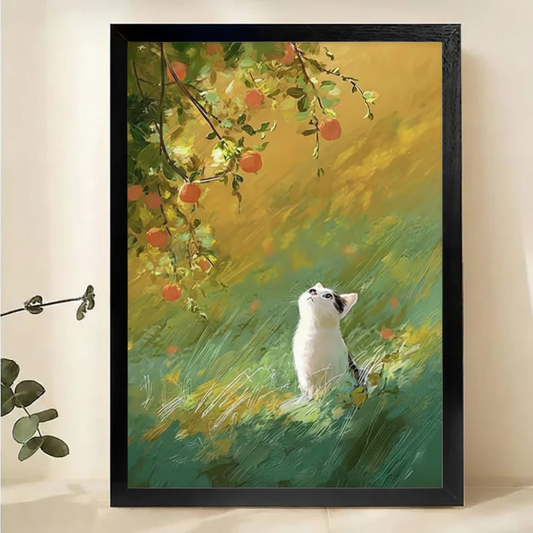 Black & White Cats with Floral Wall Art – Charming Vintage Cat Canvas Print on Natural Wood Frame | W2096