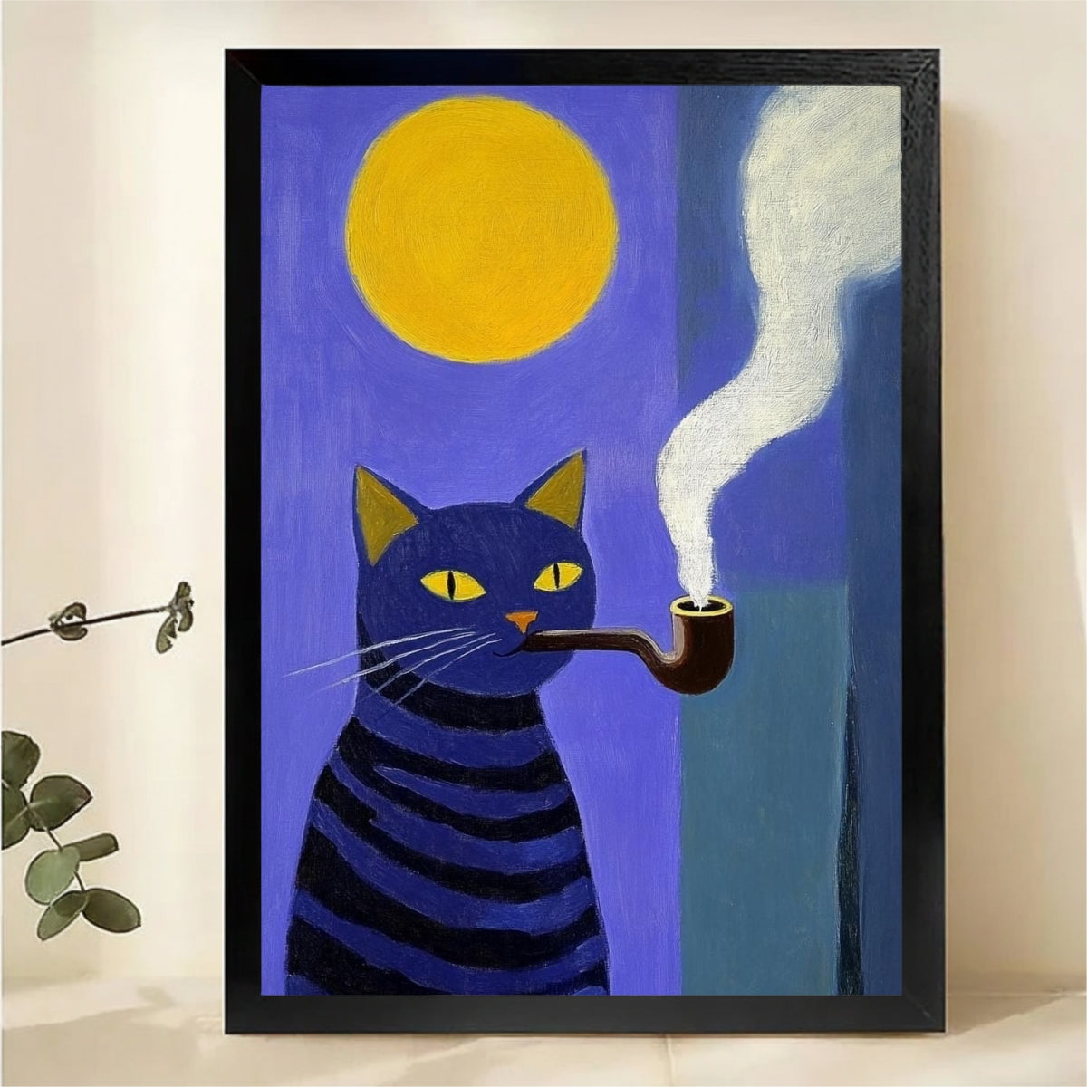 Blue Striped Cat Smoking Pipe Under Full Moon Wall Art - Bold Folk Art Canvas Print|W1423