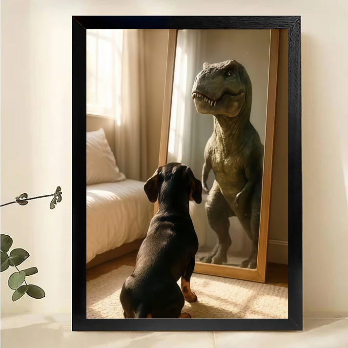 Dog Meets Dinosaur Framed Wall Art – Whimsical Animal Print for Home Decor| W1031