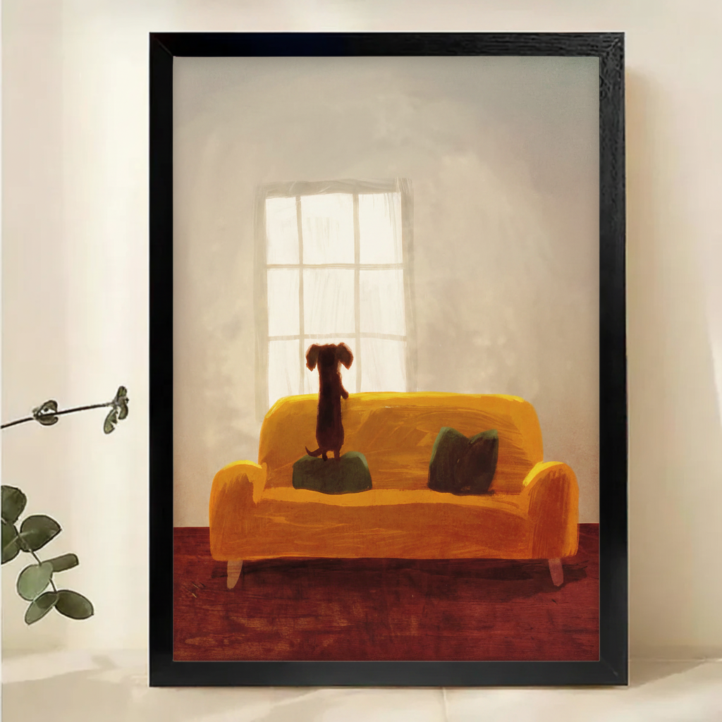 Cozy Dachshund on Sofa Wall Art – Warm Home Scene Dog Canvas Print on Natural Wood Frame | W2211