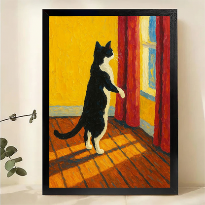 Cat Looking Out Window Wall Art - Warm Oil Painting Print|W1255