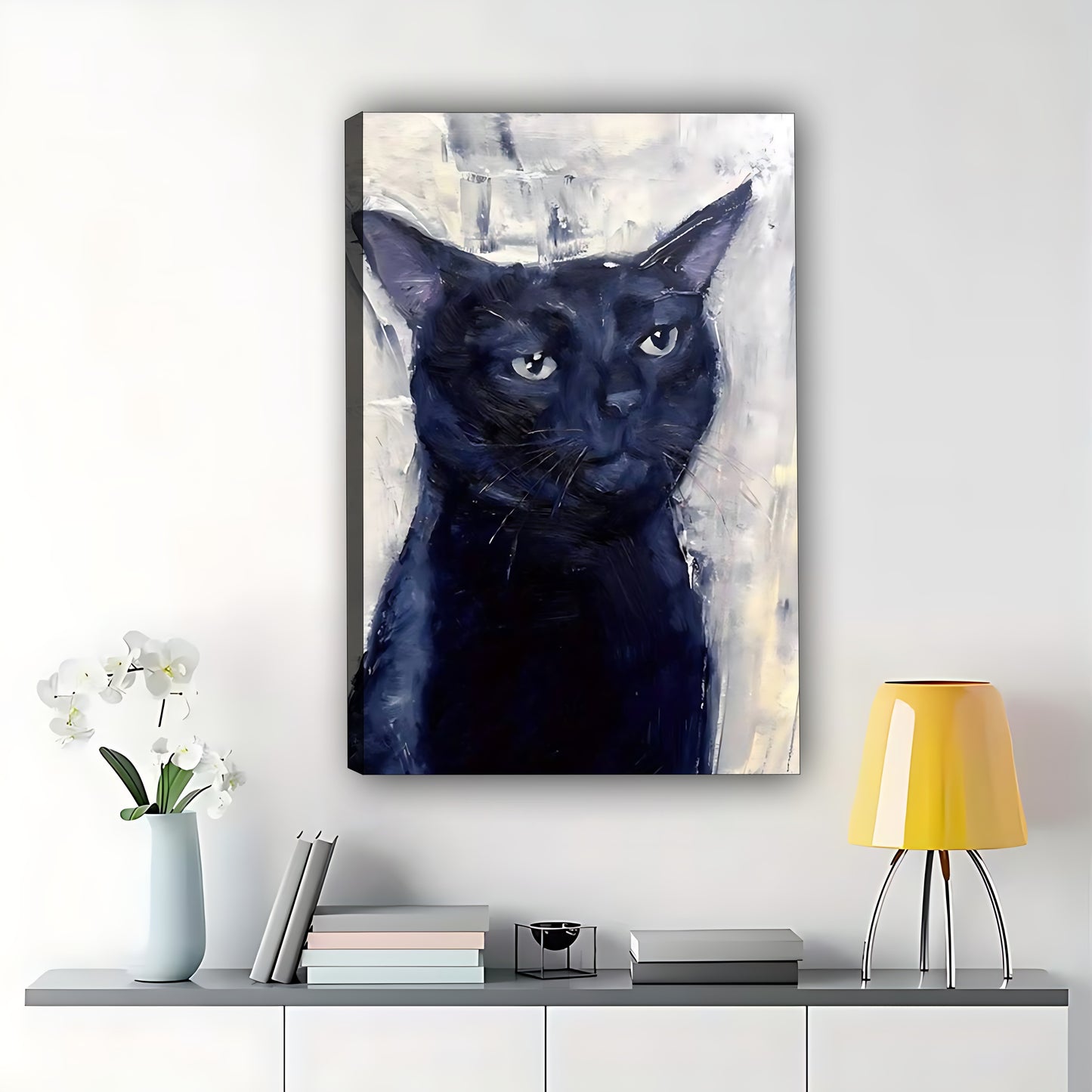 Black Cat Portrait Canvas - Modern Minimalist Animal Wall Art |W538