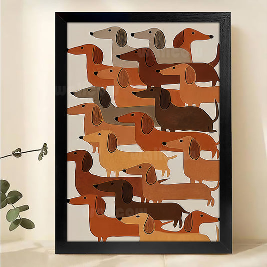 The Stacked Dachshund Crew – Abstract Retro Wall Art on Natural Wood Canvas | W597