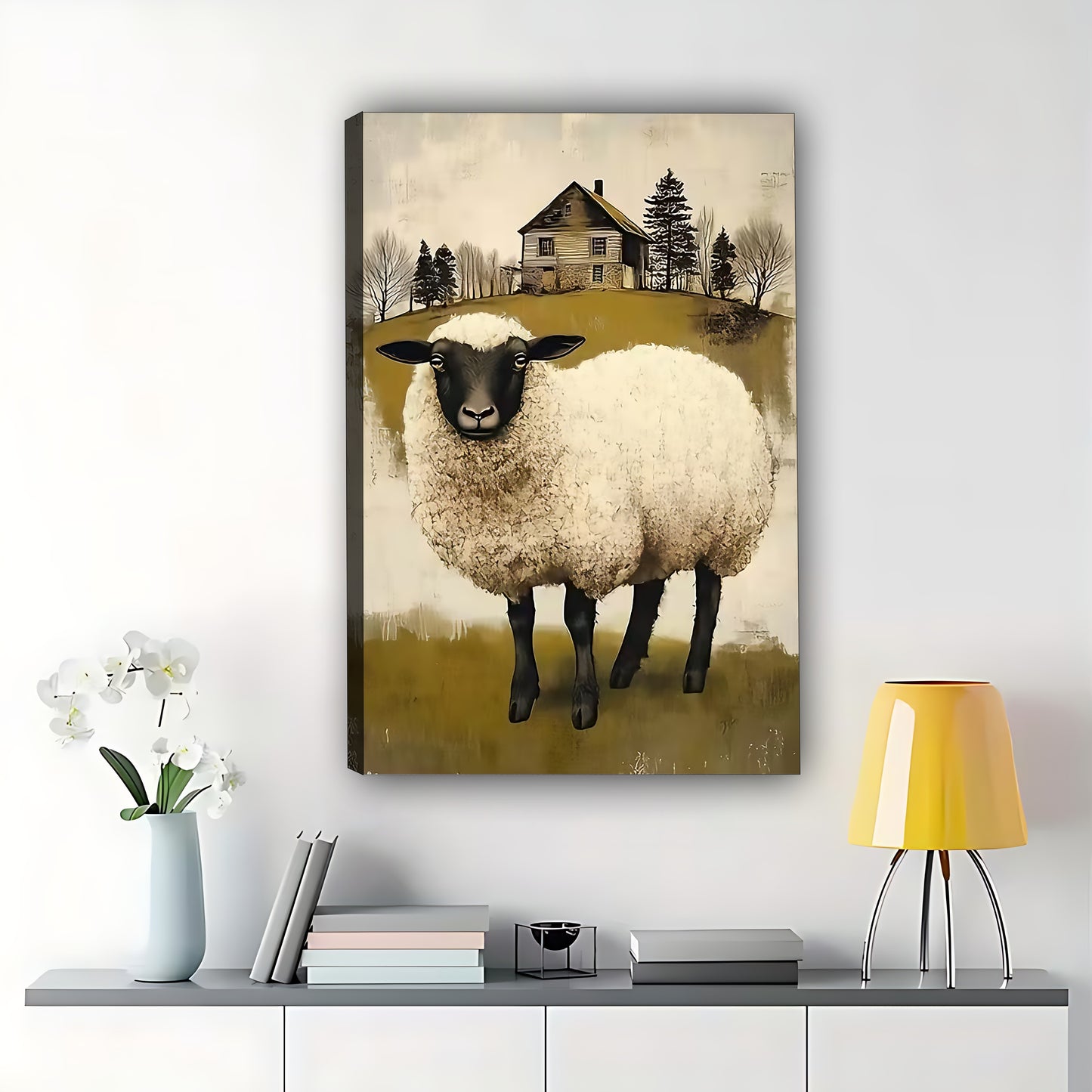 Single Fluffy Sheep – Rustic Farm Animal Wall Art on Natural Wood Canvas | W506