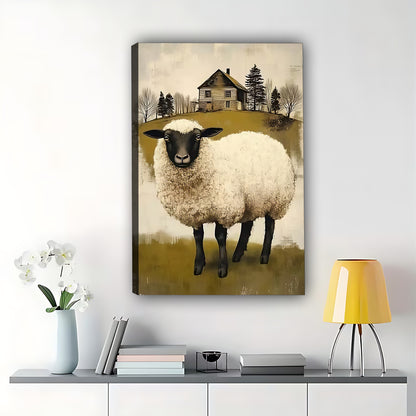 Single Fluffy Sheep – Rustic Farm Animal Wall Art on Natural Wood Canvas | W506