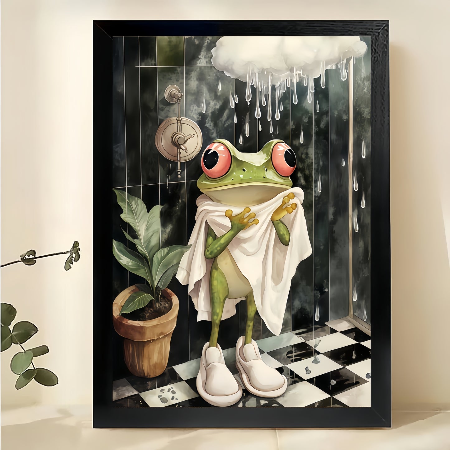 The Rainy-Day Cozy Frog – Retro Playful Wall Art on Natural Wood Canvas | W603